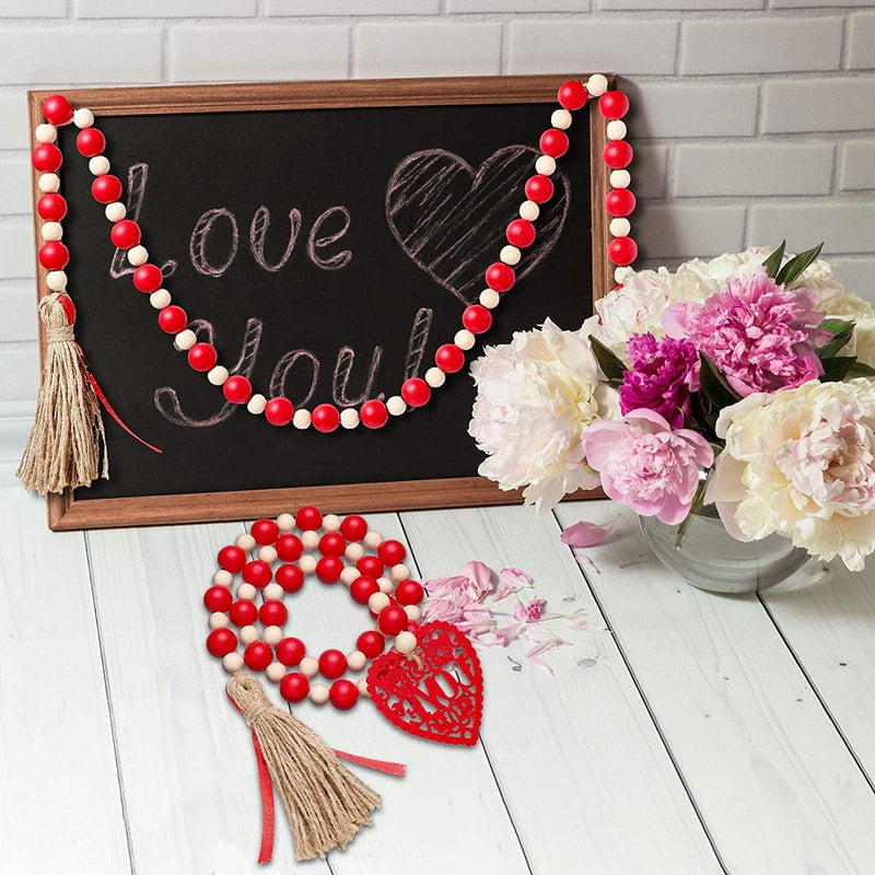 2 Pieces Valentine'S Day Bead Garlands Wooden Heart Bead Tiered Tray Decoration Hanging Garlands with Tassel and Heart Shaped Wooden Tags Rustic Farmhouse Embellishments for Home Party Decor () Home & Garden > Decor > Seasonal & Holiday Decorations Chuangdi   