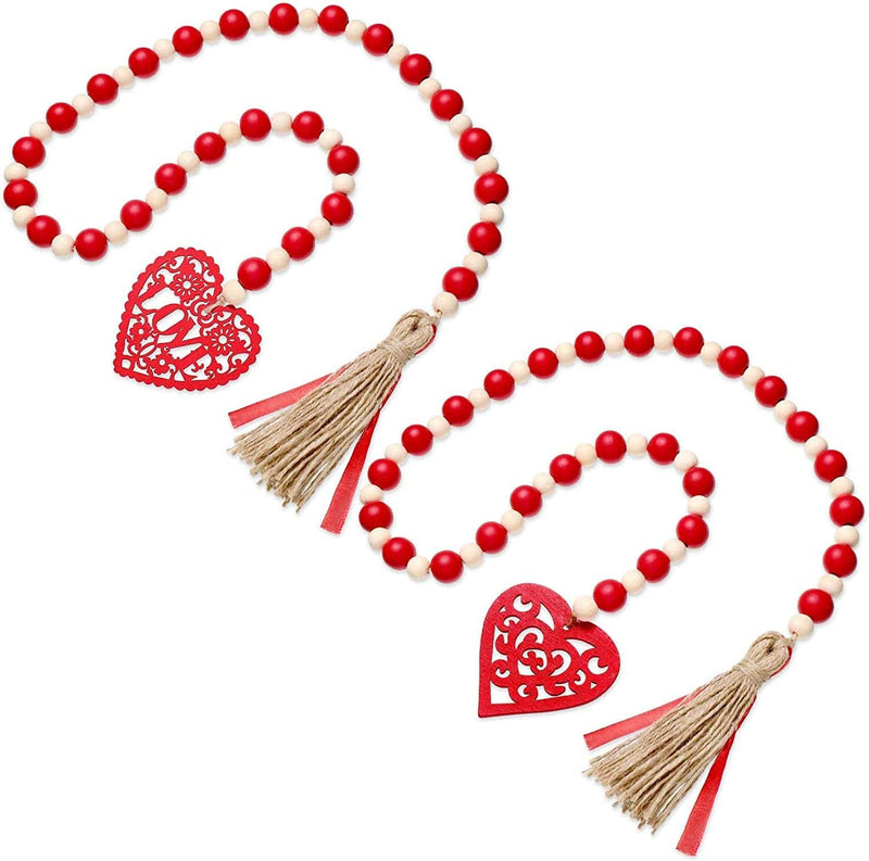 2 Pieces Valentine'S Day Bead Garlands Wooden Heart Bead Tiered Tray Decoration Hanging Garlands with Tassel and Heart Shaped Wooden Tags Rustic Farmhouse Embellishments for Home Party Decor ()