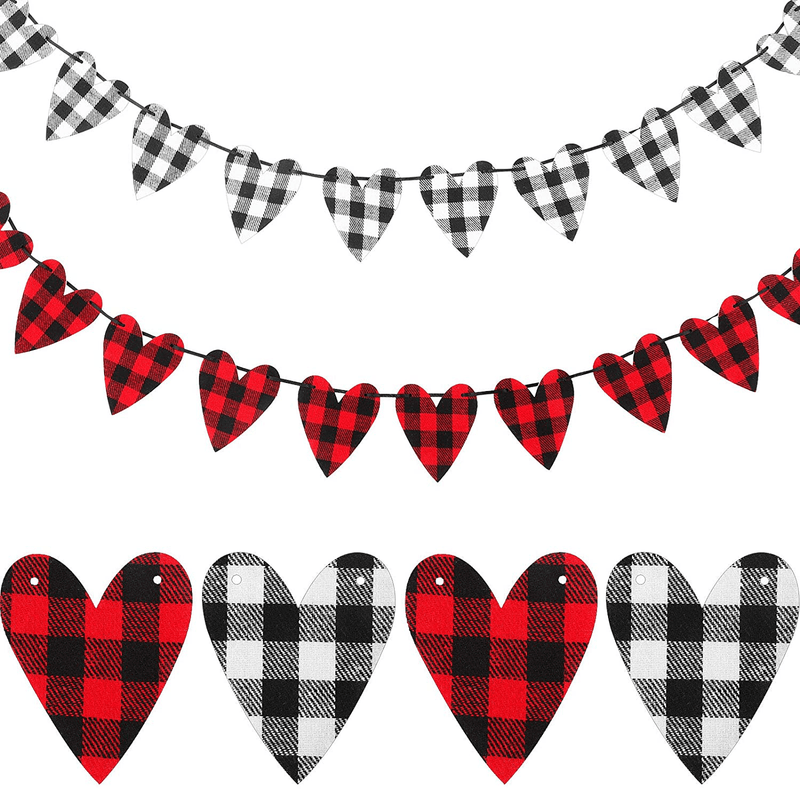 2 Pieces Valentine'S Day Bunting Banner Buffalo Plaid Heart Garland Sign Valentines Check Fabric Love Banner for Valentine'S Day Wedding Home Office Mantle Fireplace Holiday Decoration (Classic Color)