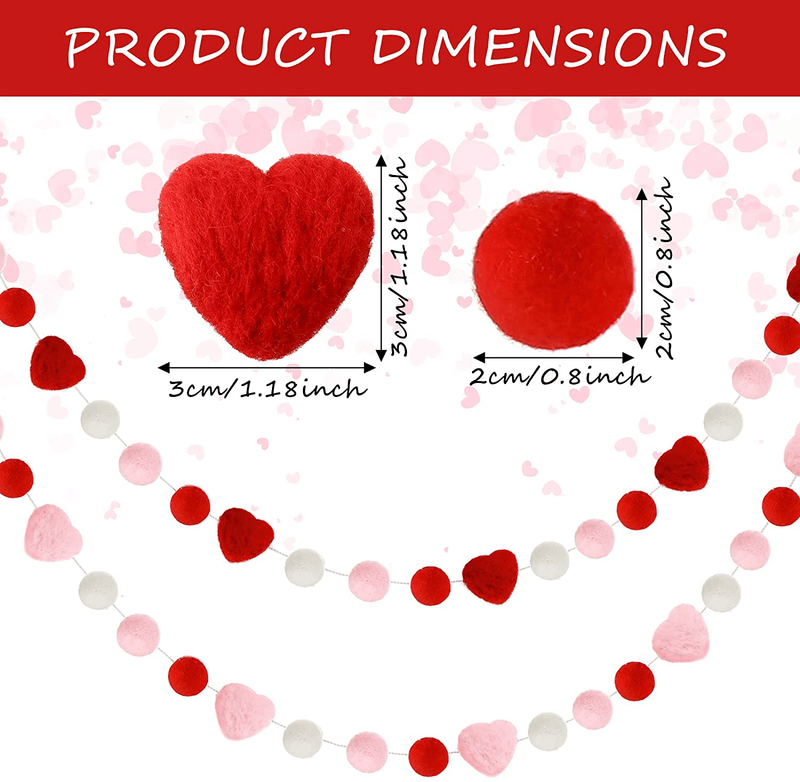 2 Pieces Valentine'S Day Felt Garlands Colorful Ball and Heart Hanging Garland Felt Pom Pom Ball Heart Banners for Party Home Decoration (Natural Colors Set)