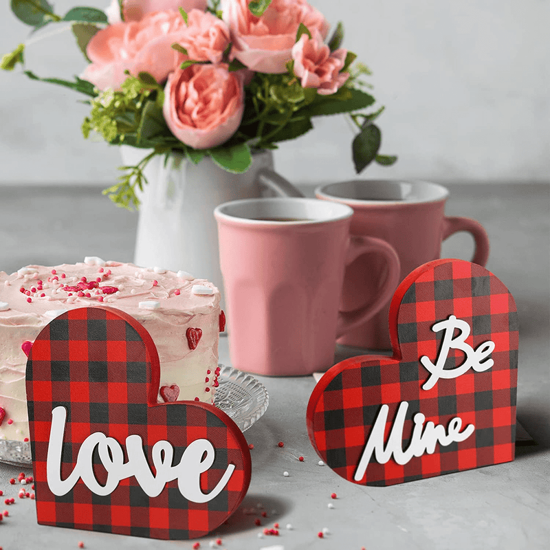 2 Pieces Valentine'S Day Wooden Sign, Romantic Buffalo Check Plaid Be Mine Decorative Love Heart Wood Sign for Valentines, Wedding, Mother'S Day, Party and Home Decorations (Red Black 1, Red Black 2)
