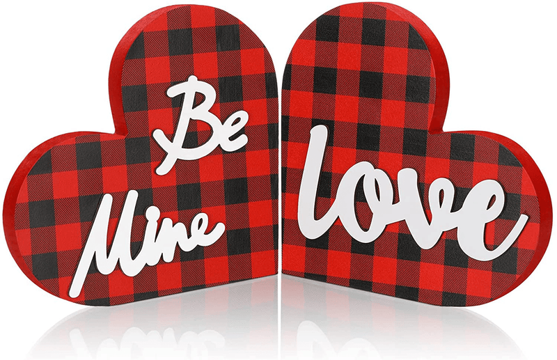 2 Pieces Valentine'S Day Wooden Sign, Romantic Buffalo Check Plaid Be Mine Decorative Love Heart Wood Sign for Valentines, Wedding, Mother'S Day, Party and Home Decorations (Red Black 1, Red Black 2) Home & Garden > Decor > Seasonal & Holiday Decorations Hicarer Red Black 1, Red Black 2  