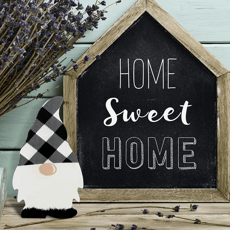 2 Pieces Wooden Gnome Sign Table Decor Farmhouse Tiered Tray Decoration Buffalo Plaid Freestanding Wood Gnome Rustic Swedish Gnome for Birthday Desk Office (Black and White Plaid, Black) Home & Garden > Decor > Decorative Trays Jetec   