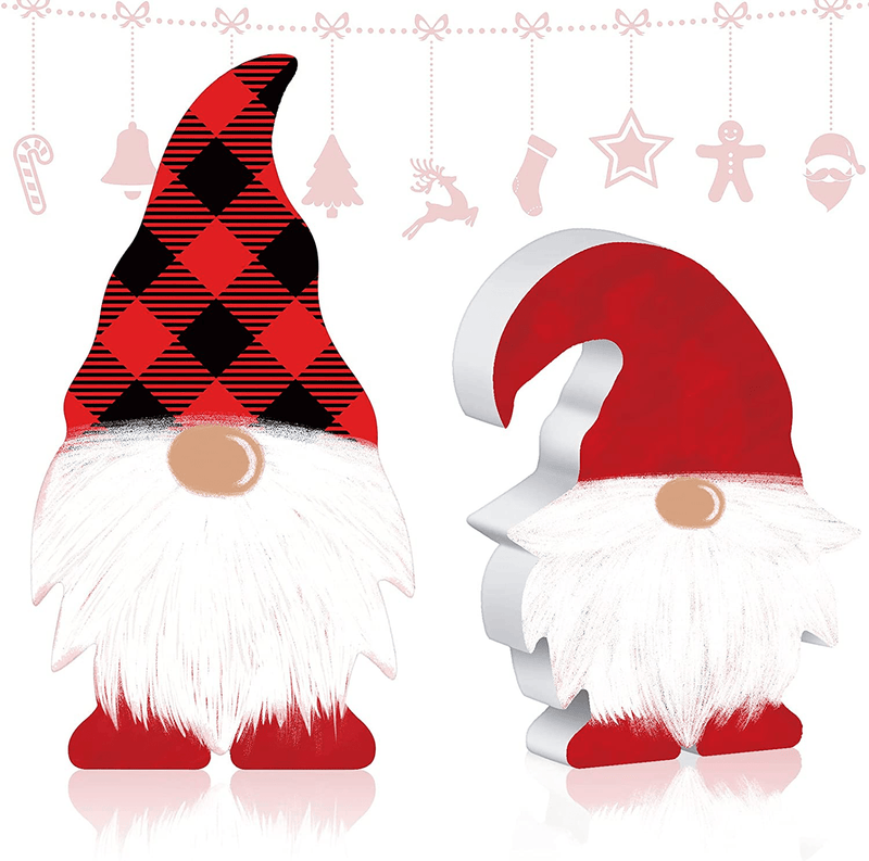 2 Pieces Wooden Gnome Sign Table Decor Farmhouse Tiered Tray Decoration Buffalo Plaid Freestanding Wood Gnome Rustic Swedish Gnome for Birthday Desk Office (Black and White Plaid, Black) Home & Garden > Decor > Decorative Trays Jetec Black and Red Plaid, Red  