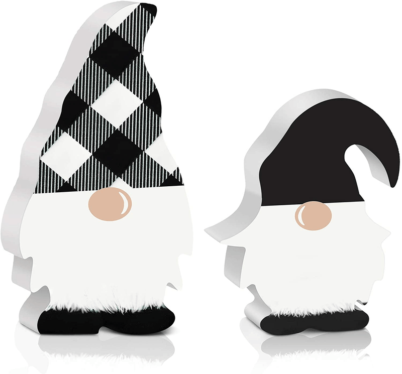 2 Pieces Wooden Gnome Sign Table Decor Farmhouse Tiered Tray Decoration Buffalo Plaid Freestanding Wood Gnome Rustic Swedish Gnome for Birthday Desk Office (Black and White Plaid, Black) Home & Garden > Decor > Decorative Trays Jetec Black and White Plaid, Black  