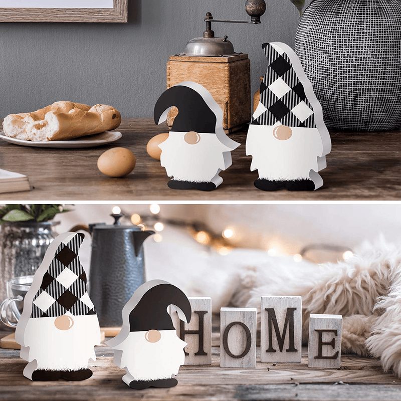 2 Pieces Wooden Gnome Sign Table Decor Farmhouse Tiered Tray Decoration Buffalo Plaid Freestanding Wood Gnome Rustic Swedish Gnome for Birthday Desk Office (Black and White Plaid, Black)