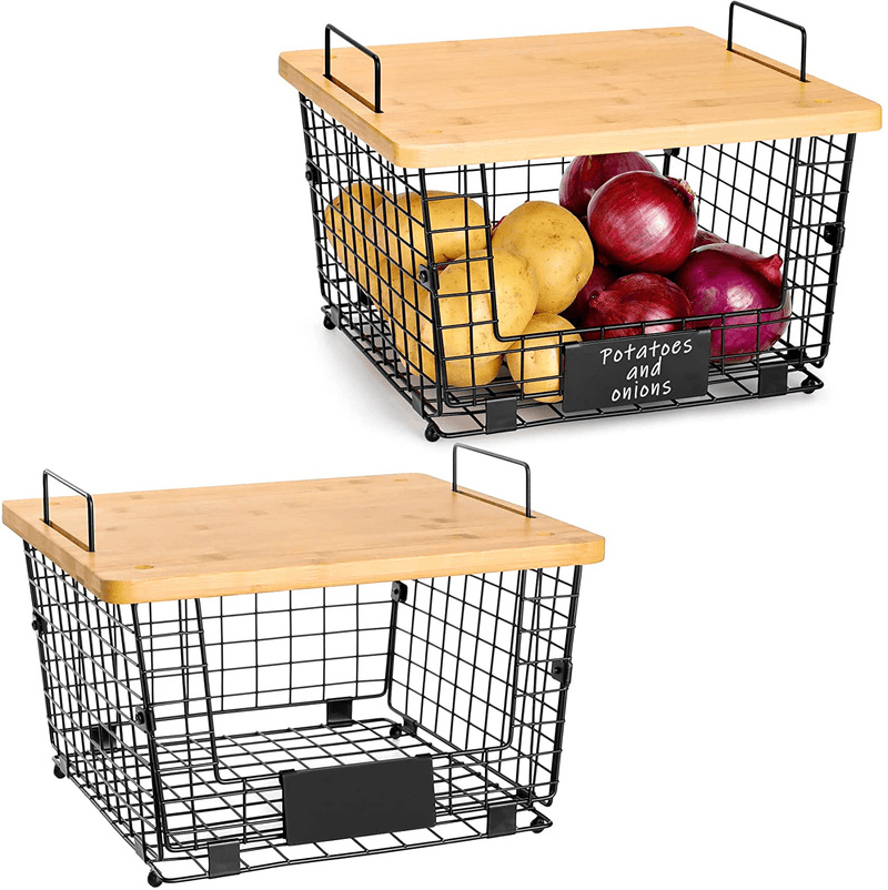 2 Set Kitchen Counter Basket with Bamboo Top - Countertop Organizer for Produce, Fruit, Vegetable ( Onion, Potato ), Bread, K-Cup Coffee Pods - Wire Basket for Cabinet Pantry Organization and Storage
