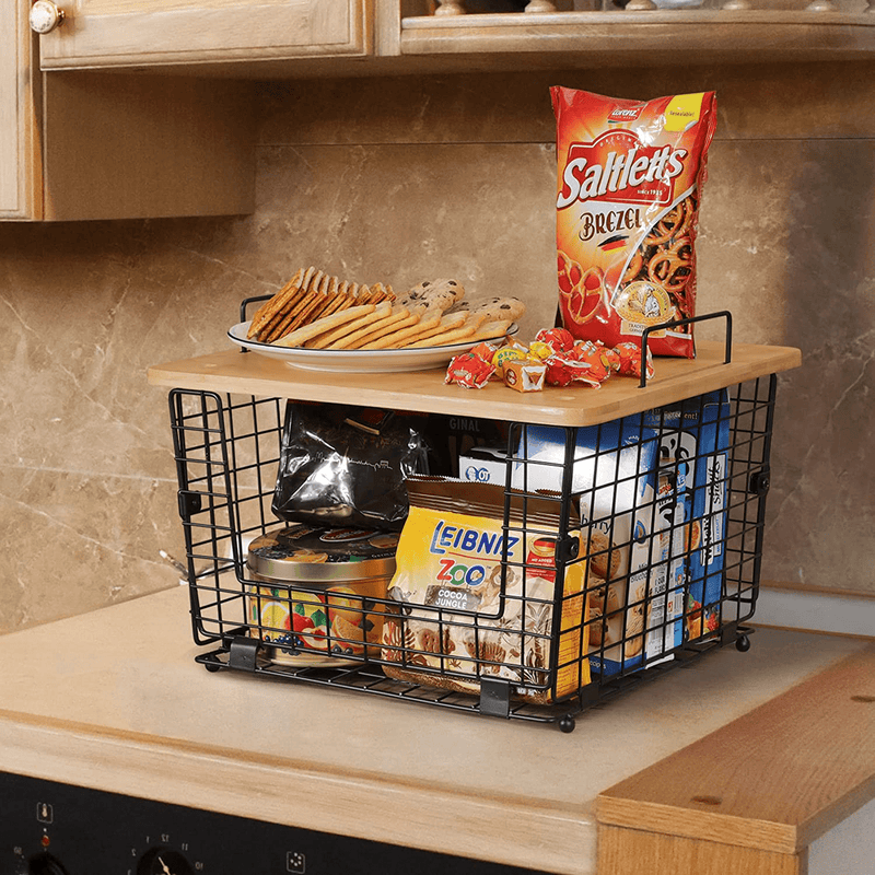 2 Set Kitchen Counter Basket with Bamboo Top - Countertop Organizer for Produce, Fruit, Vegetable ( Onion, Potato ), Bread, K-Cup Coffee Pods - Wire Basket for Cabinet Pantry Organization and Storage Home & Garden > Kitchen & Dining > Food Storage AOZITA   