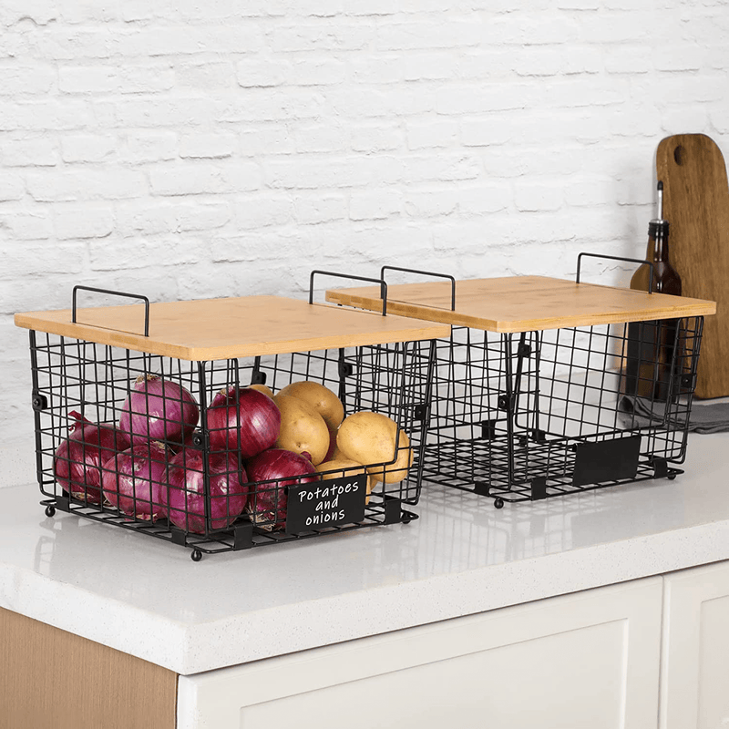 2 Set Kitchen Counter Basket with Bamboo Top - Countertop Organizer for Produce, Fruit, Vegetable ( Onion, Potato ), Bread, K-Cup Coffee Pods - Wire Basket for Cabinet Pantry Organization and Storage