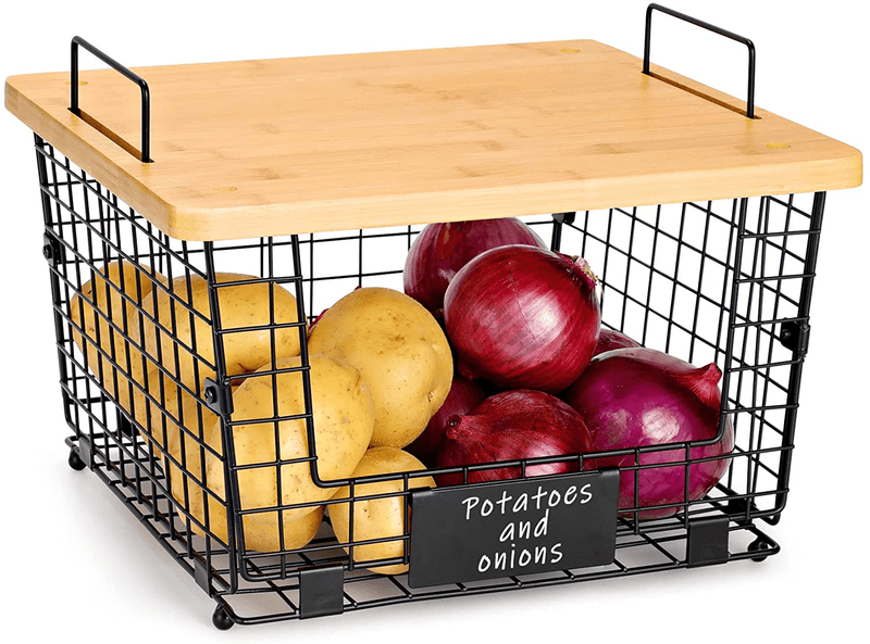 2 Set Kitchen Counter Basket with Bamboo Top - Countertop Organizer for Produce, Fruit, Vegetable ( Onion, Potato ), Bread, K-Cup Coffee Pods - Wire Basket for Cabinet Pantry Organization and Storage Home & Garden > Kitchen & Dining > Food Storage AOZITA 1  