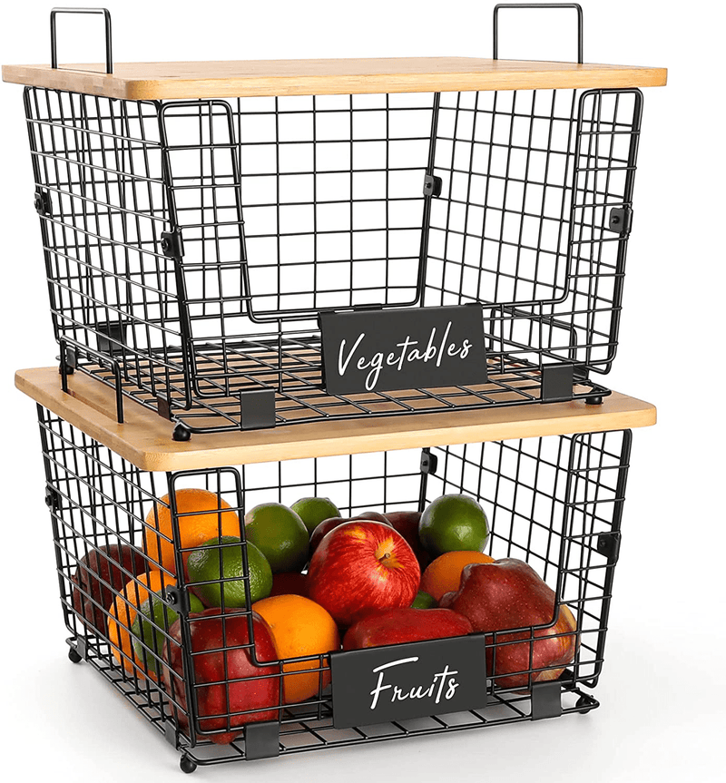 2 Set Kitchen Counter Basket with Bamboo Top - Countertop Organizer for Produce, Fruit, Vegetable ( Onion, Potato ), Bread, K-Cup Coffee Pods - Wire Basket for Cabinet Pantry Organization and Storage Home & Garden > Kitchen & Dining > Food Storage AOZITA   