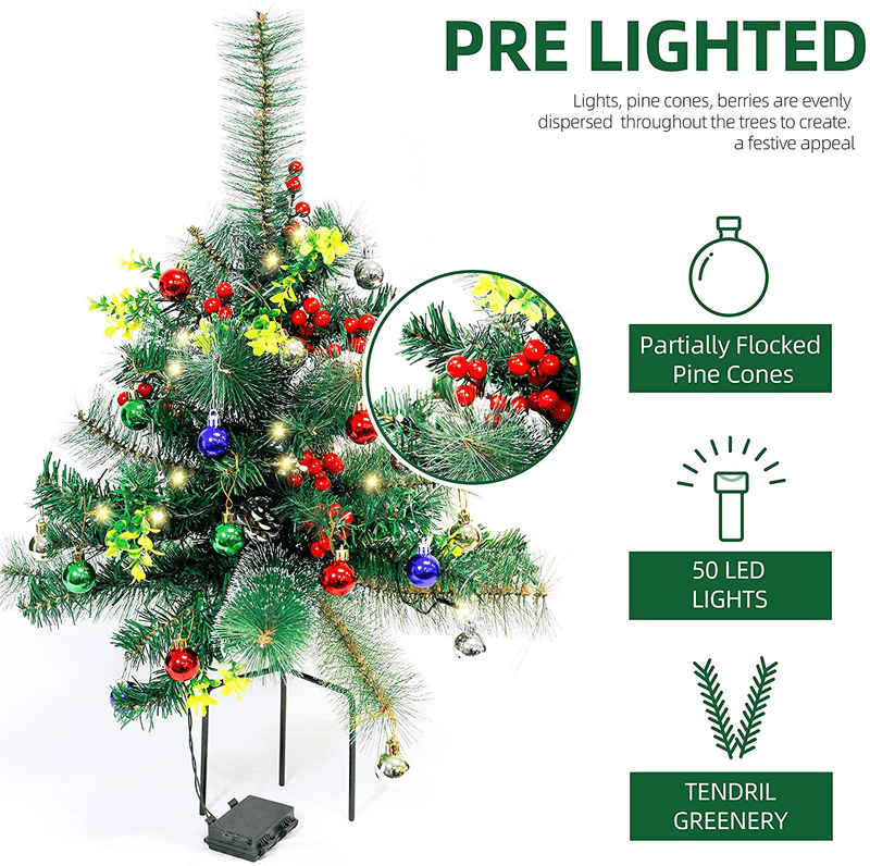 2 Sets 24.5in Pathway Christmas Trees, Outdoor Battery Operated Pre-Lit Pathway Christmas Trees Holiday Décor for Driveway, Yard, Garden w/LED Lights, Red Berries, Frosted Pine Cone, Ornament Home & Garden > Decor > Seasonal & Holiday Decorations > Christmas Tree Stands Joiedomi   