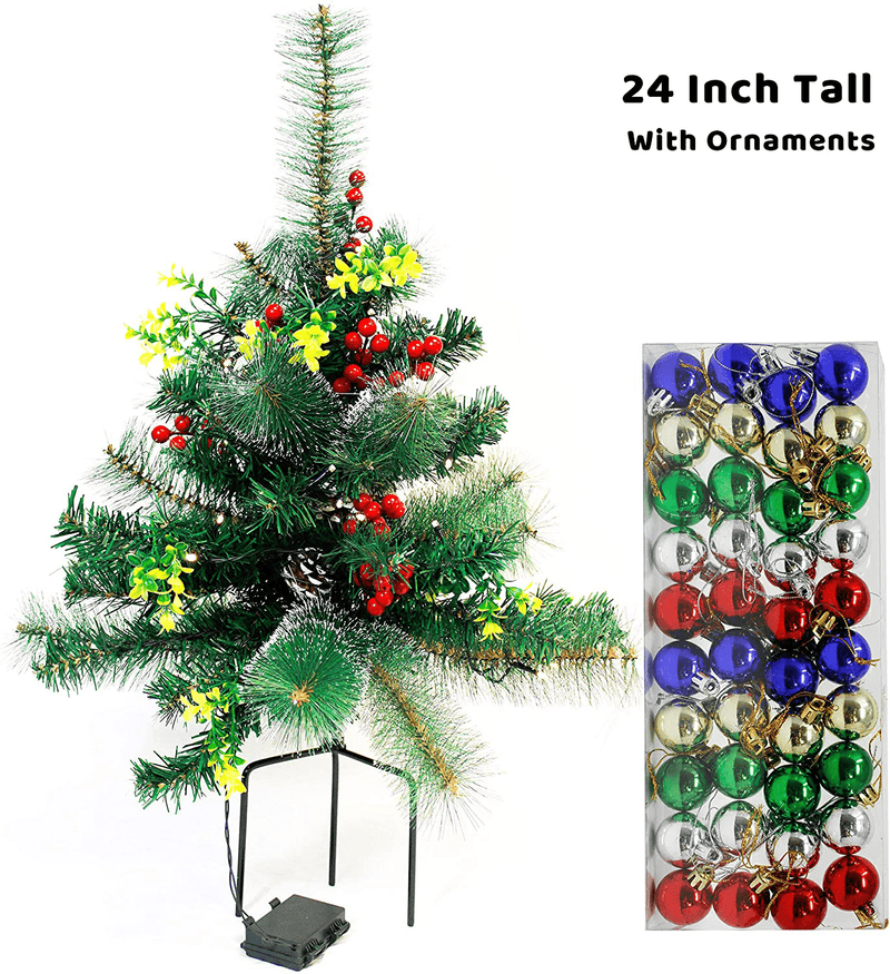 2 Sets 24.5in Pathway Christmas Trees, Outdoor Battery Operated Pre-Lit Pathway Christmas Trees Holiday Décor for Driveway, Yard, Garden w/LED Lights, Red Berries, Frosted Pine Cone, Ornament