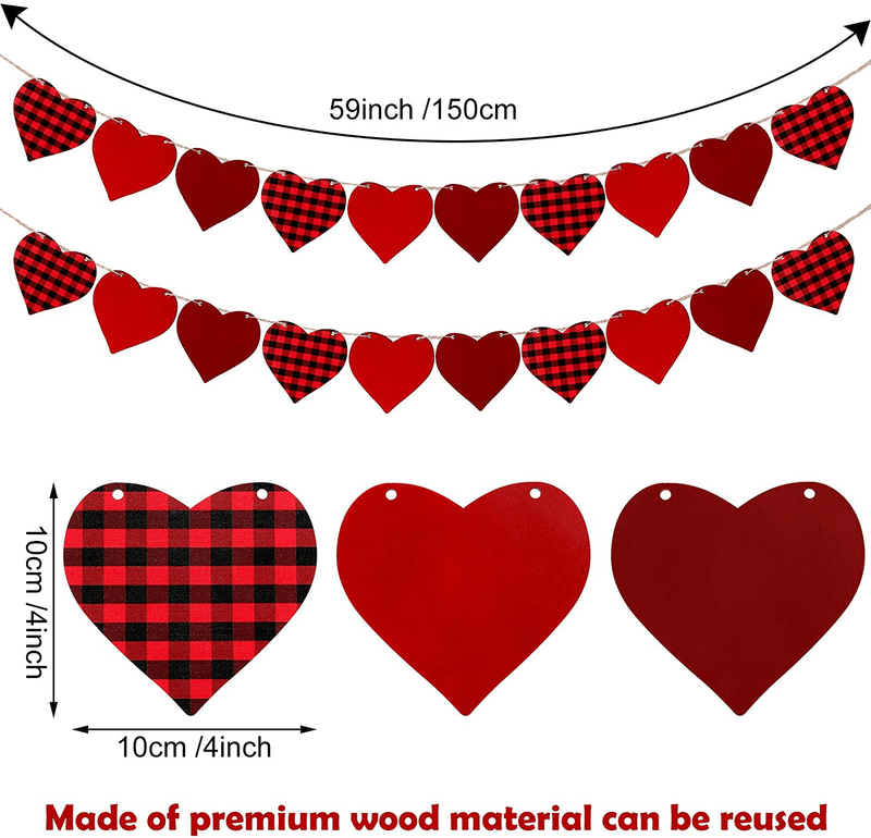 2 Sets Wood Heart Garland Banner, Love Heart Wooden Embellishments, Red and Buffalo Plaid Hanging Heart Garland Decoration Crafts for Valentines Day Wedding Anniversary Outdoor Home Room Decor