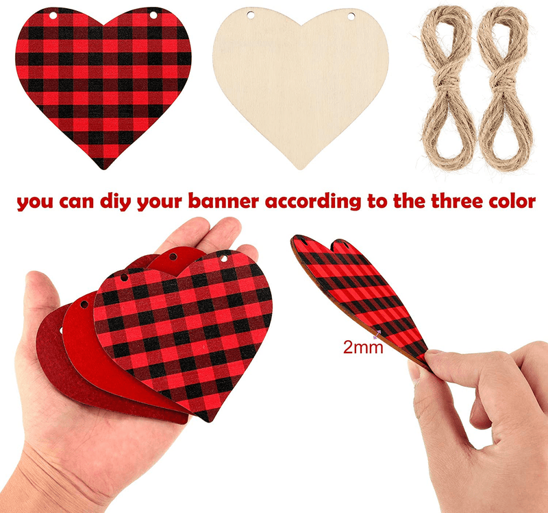 2 Sets Wood Heart Garland Banner, Love Heart Wooden Embellishments, Red and Buffalo Plaid Hanging Heart Garland Decoration Crafts for Valentines Day Wedding Anniversary Outdoor Home Room Decor