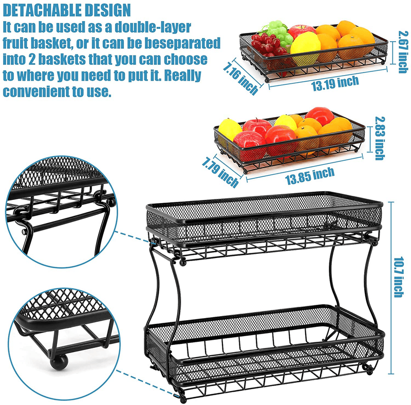 2 Tier Metal Fruit Basket, Inureye Fruit Storage Basket Detachable Fruit Holder Bread Vegetable Storage Basket for Kitchen Counter Dining Table