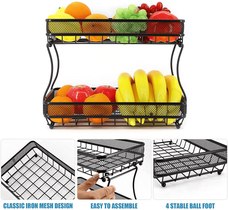 2 Tier Metal Fruit Basket, Inureye Fruit Storage Basket Detachable Fruit Holder Bread Vegetable Storage Basket for Kitchen Counter Dining Table