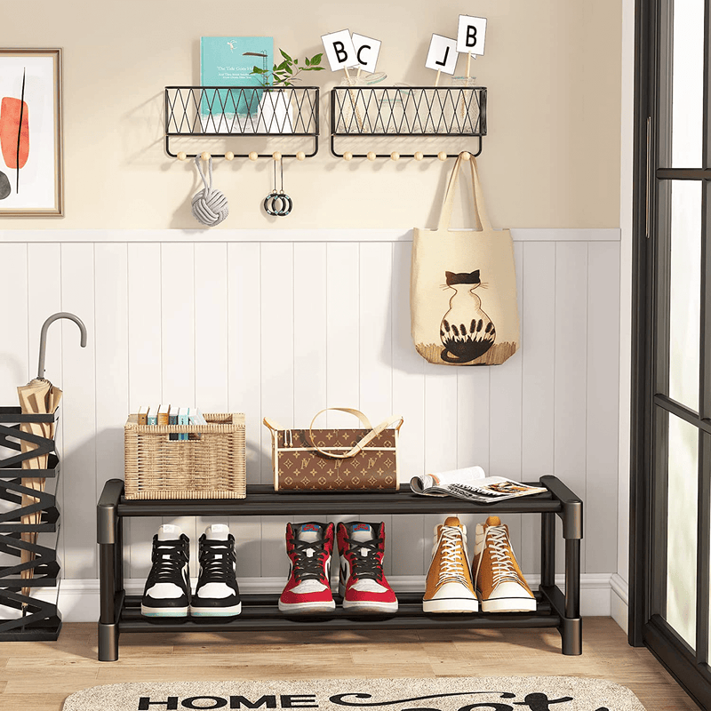 2-Tier Shoe Rack 7.48" Tall Stackable Shoe Shelf Storage Organizer Large Capacity 33.46" X 12.40" X 10.24" for Shoes, Short Boots, Entryway, Hallway, and Short Wardrobe, Black Furniture > Cabinets & Storage > Armoires & Wardrobes Tribesigns   