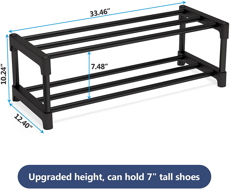 2-Tier Shoe Rack 7.48" Tall Stackable Shoe Shelf Storage Organizer Large Capacity 33.46" X 12.40" X 10.24" for Shoes, Short Boots, Entryway, Hallway, and Short Wardrobe, Black Furniture > Cabinets & Storage > Armoires & Wardrobes Tribesigns   
