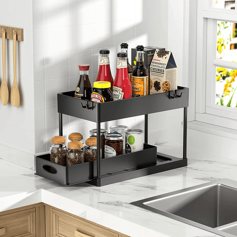 2-Tier Sliding Cabinet Basket Organizer Drawer, Multi-Purpose under Sink Organizers and Storage for Bathroom Kitchen under Bathroom Sink Organizer with Hooks the Bottom Slide Out Basket with a Handle Home & Garden > Kitchen & Dining > Food Storage PUILUO   