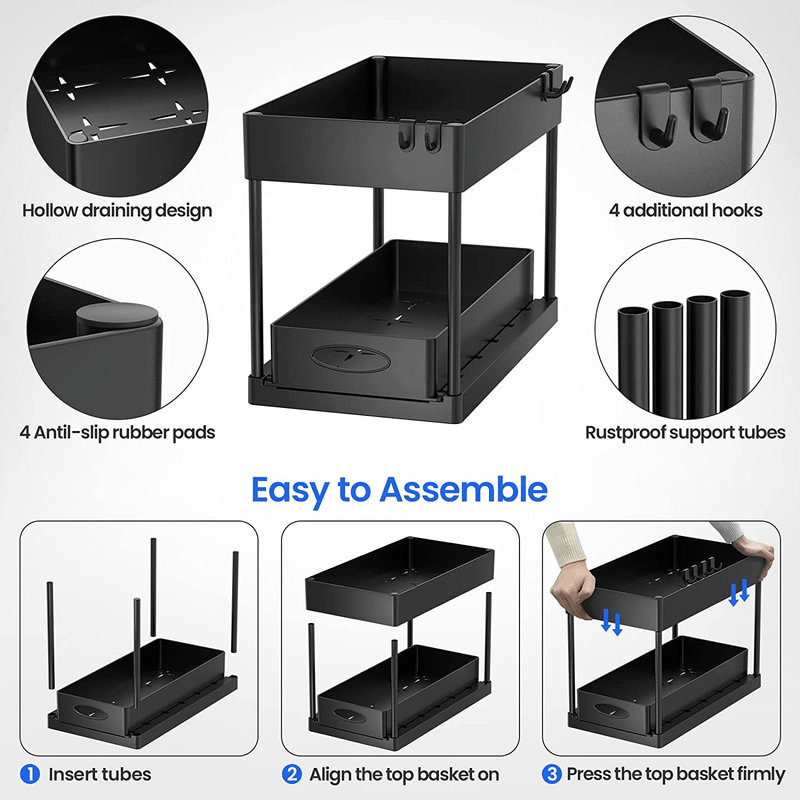 2-Tier Sliding Cabinet Basket Organizer Drawer, Multi-Purpose under Sink Organizers and Storage for Bathroom Kitchen under Bathroom Sink Organizer with Hooks the Bottom Slide Out Basket with a Handle