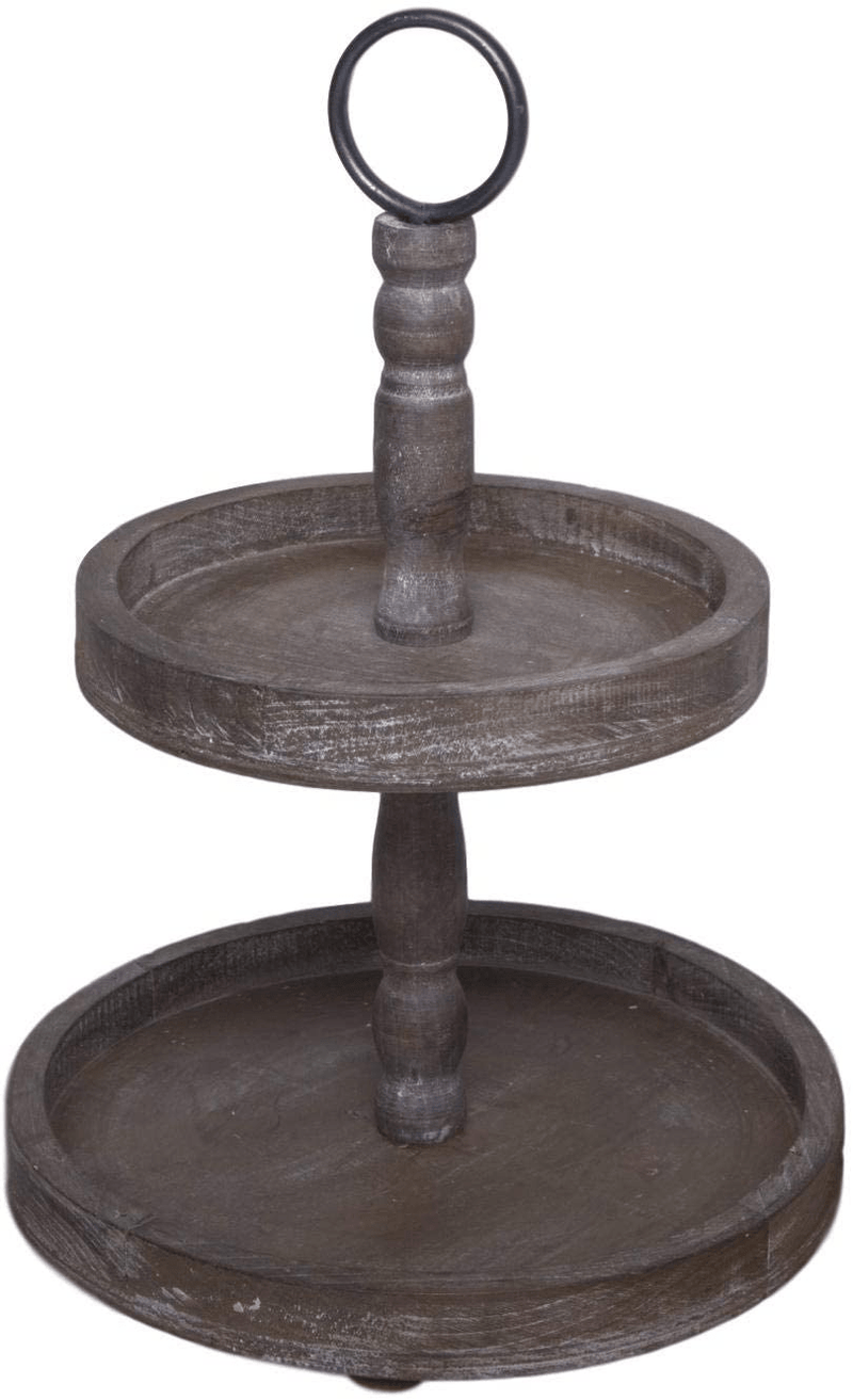 2 Tiered Tray Stand - Two Tier Tray Wood Farmhouse, Rustic, Vintage Decor. Table Kitchen Tray Wooden with Metal Round Decorative Handle. Cake, Cupcake, Cookie, Food and Party Display - Chocolate Home & Garden > Decor > Decorative Trays Hallops Chocolate Medium - Chic 