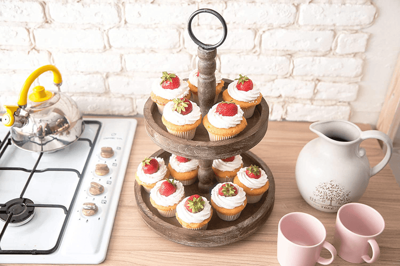 2 Tiered Tray Stand - Two Tier Tray Wood Farmhouse, Rustic, Vintage Decor. Table Kitchen Tray Wooden with Metal Round Decorative Handle. Cake, Cupcake, Cookie, Food and Party Display - Chocolate Home & Garden > Decor > Decorative Trays Hallops   