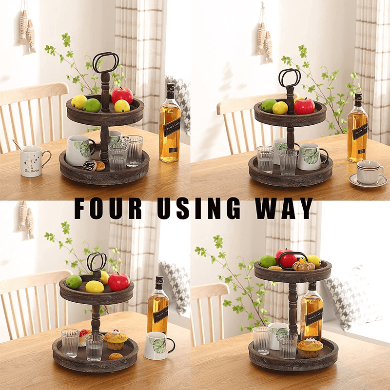 2 Tiered Tray Wooden Decorative Farmhouse Tray, Rustic Two Tier Tray, Kitchen Tabletop Display Food Fruits Afternoon Tea Cupcake Organizer with Metal Handle,for Home Office Living Room (Burnt Color)
