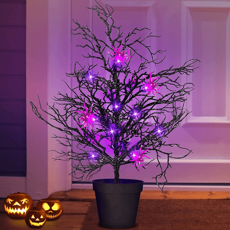 20 Inch Artificial Halloween Tree with Pot for Entrance with 10 Purple Lights and 4 Spiders Battery Powered Bonsai Glittered Black Scary Tree Decoration for Porch Indoor Outdoor Home Outside