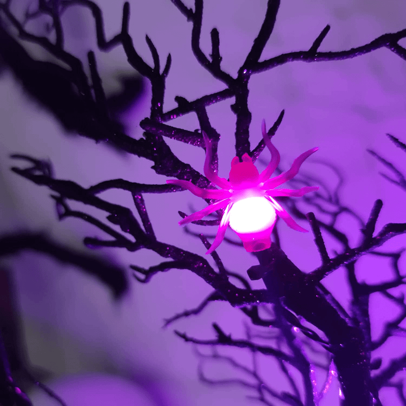 20 Inch Artificial Halloween Tree with Pot for Entrance with 10 Purple Lights and 4 Spiders Battery Powered Bonsai Glittered Black Scary Tree Decoration for Porch Indoor Outdoor Home Outside