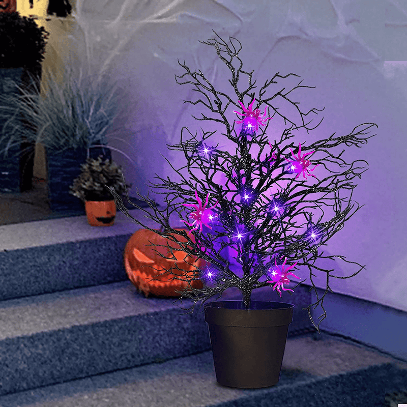 20 Inch Artificial Halloween Tree with Pot for Entrance with 10 Purple Lights and 4 Spiders Battery Powered Bonsai Glittered Black Scary Tree Decoration for Porch Indoor Outdoor Home Outside Arts & Entertainment > Party & Celebration > Party Supplies TURNMEON   