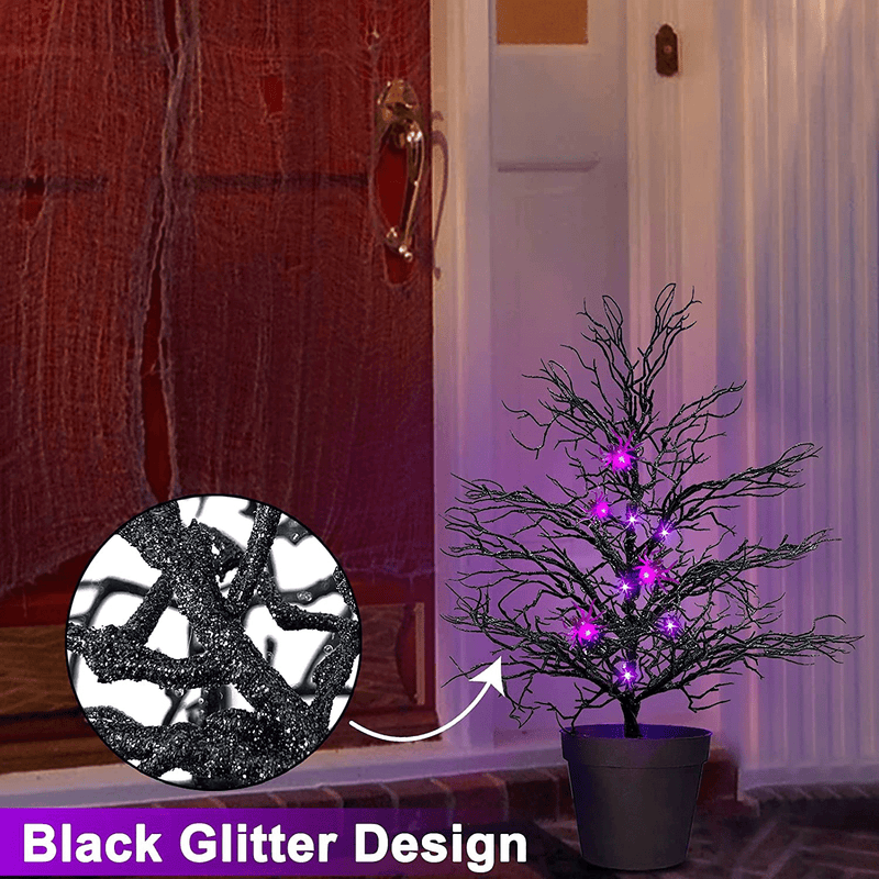 20 Inch Artificial Halloween Tree with Pot for Entrance with 10 Purple Lights and 4 Spiders Battery Powered Bonsai Glittered Black Scary Tree Decoration for Porch Indoor Outdoor Home Outside Arts & Entertainment > Party & Celebration > Party Supplies TURNMEON   