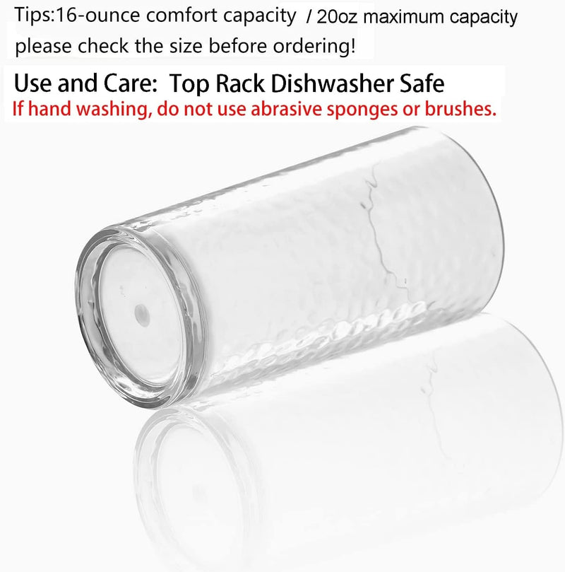 20-Ounce Acrylic Glasses Plastic Tumbler, Set of 6 Clear - Hammered Style, Dishwasher Safe, BPA Free