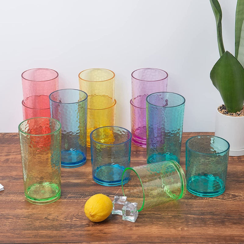 20-Ounce Acrylic Glasses Plastic Tumbler, Set of 6 Multicolor - Hammered Style, Dishwasher Safe, BPA Free