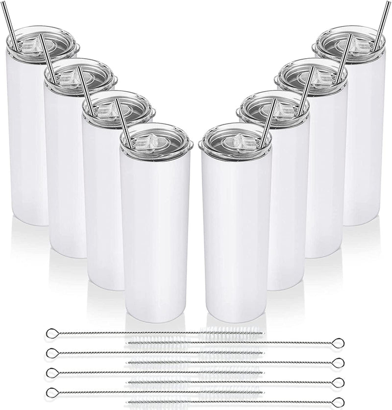 20 Oz Skinny Travel Tumblers, 8 Pack Stainless Steel Skinny Tumblers with Lid Straw, Double Wall Insulated Tumblers, Slim Water Tumbler Cup, Vacuum Tumbler Travel Mug for Coffee Water Tea, Silver Home & Garden > Kitchen & Dining > Tableware > Drinkware Lifecapido White 8 