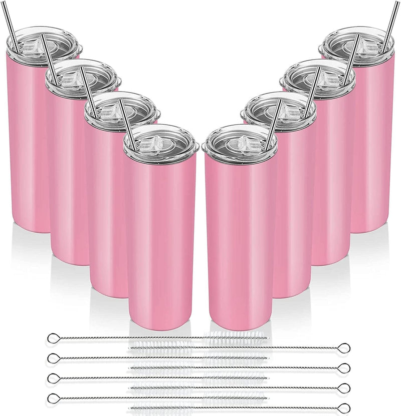 20 Oz Skinny Travel Tumblers, 8 Pack Stainless Steel Skinny Tumblers with Lid Straw, Double Wall Insulated Tumblers, Slim Water Tumbler Cup, Vacuum Tumbler Travel Mug for Coffee Water Tea, Silver Home & Garden > Kitchen & Dining > Tableware > Drinkware Lifecapido Pink 8 