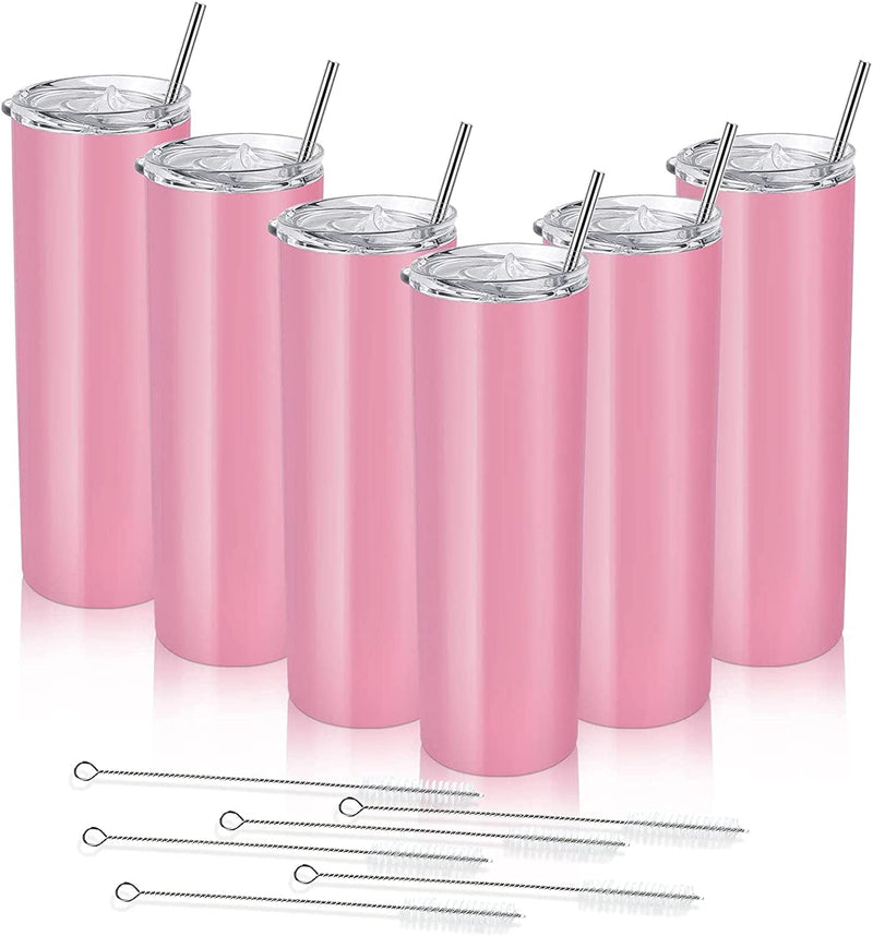 20 Oz Skinny Travel Tumblers, 8 Pack Stainless Steel Skinny Tumblers with Lid Straw, Double Wall Insulated Tumblers, Slim Water Tumbler Cup, Vacuum Tumbler Travel Mug for Coffee Water Tea, Silver Home & Garden > Kitchen & Dining > Tableware > Drinkware Lifecapido Pink 6 