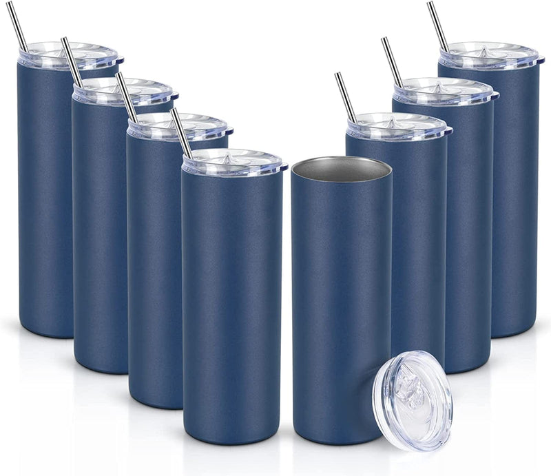 20 Oz Skinny Travel Tumblers, 8 Pack Stainless Steel Skinny Tumblers with Lid Straw, Double Wall Insulated Tumblers, Slim Water Tumbler Cup, Vacuum Tumbler Travel Mug for Coffee Water Tea, Silver Home & Garden > Kitchen & Dining > Tableware > Drinkware Lifecapido Dark Blue 8 