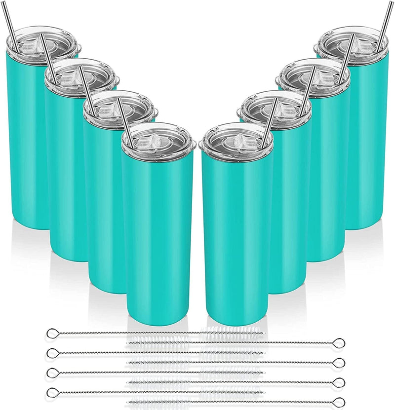 20 Oz Skinny Travel Tumblers, 8 Pack Stainless Steel Skinny Tumblers with Lid Straw, Double Wall Insulated Tumblers, Slim Water Tumbler Cup, Vacuum Tumbler Travel Mug for Coffee Water Tea, Silver Home & Garden > Kitchen & Dining > Tableware > Drinkware Lifecapido Aqua Blue 8 