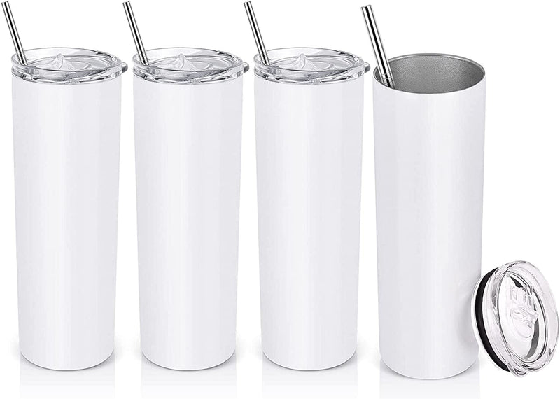 20 Oz Skinny Travel Tumblers, 8 Pack Stainless Steel Skinny Tumblers with Lid Straw, Double Wall Insulated Tumblers, Slim Water Tumbler Cup, Vacuum Tumbler Travel Mug for Coffee Water Tea, Silver Home & Garden > Kitchen & Dining > Tableware > Drinkware Lifecapido White 4 