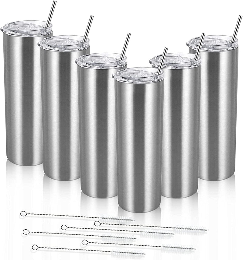 20 Oz Skinny Travel Tumblers, 8 Pack Stainless Steel Skinny Tumblers with Lid Straw, Double Wall Insulated Tumblers, Slim Water Tumbler Cup, Vacuum Tumbler Travel Mug for Coffee Water Tea, Silver Home & Garden > Kitchen & Dining > Tableware > Drinkware Lifecapido Silver 6 
