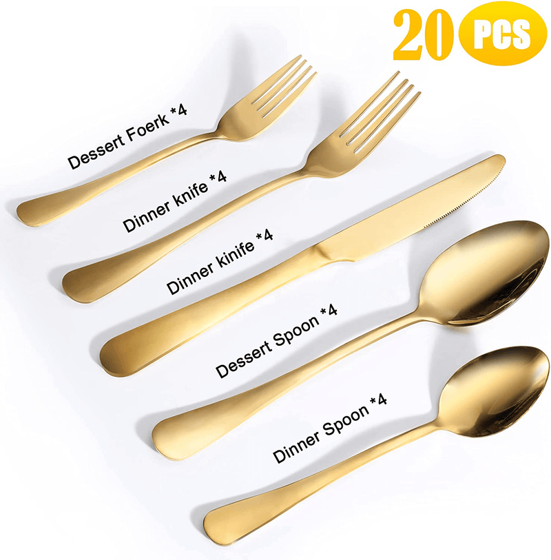 20-Piece Gold Silverware Set, Titanium Colorful Plated Flatware Set, Stainless Steel Cutlery Set, Service for 4, Square Handle, Tableware Set include Knife Fork Spoon, Mirror Finish,Dishwasher Safe