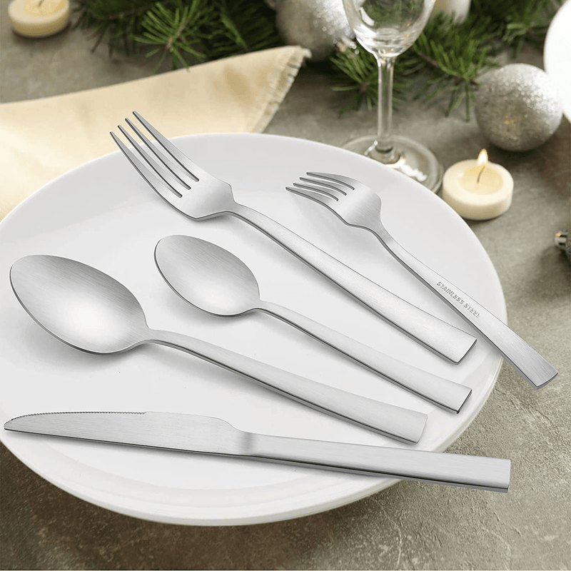 20-Piece Matte Silverware Set, E-far Stainless Steel Flatware Set Service for 4, Metal Cutlery Eating Utensils Tableware Includes Forks/Spoons/Knives, Square Edge & Dishwasher Safe Home & Garden > Kitchen & Dining > Tableware > Flatware > Flatware Sets E-far   