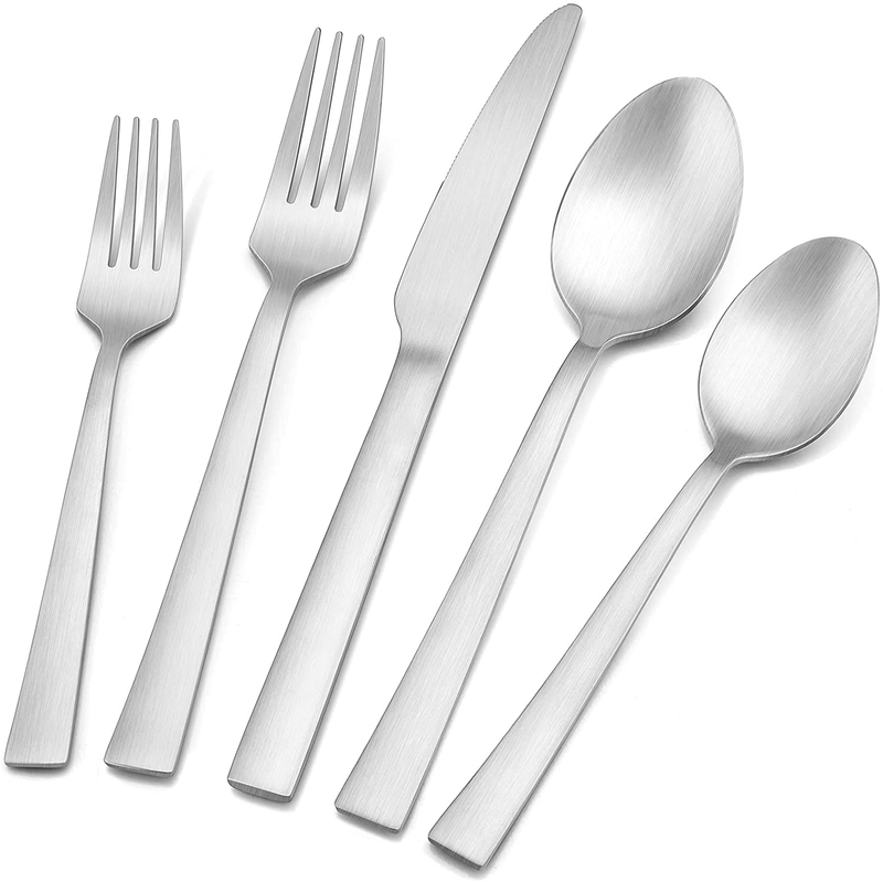 20-Piece Matte Silverware Set, E-far Stainless Steel Flatware Set Service for 4, Metal Cutlery Eating Utensils Tableware Includes Forks/Spoons/Knives, Square Edge & Dishwasher Safe Home & Garden > Kitchen & Dining > Tableware > Flatware > Flatware Sets E-far Silver 20 