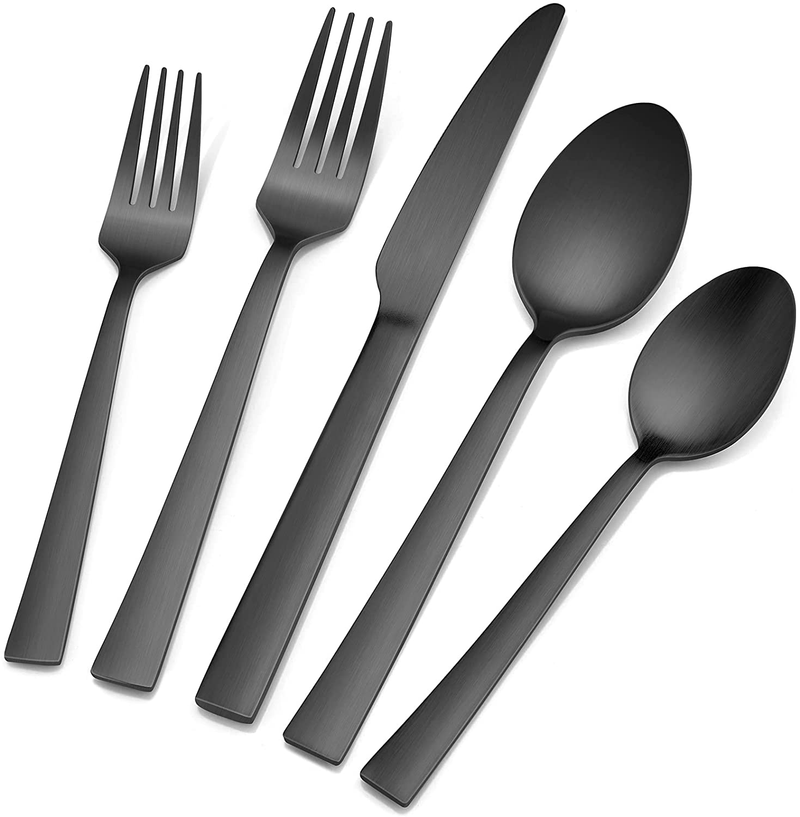 20-Piece Matte Silverware Set, E-far Stainless Steel Flatware Set Service for 4, Metal Cutlery Eating Utensils Tableware Includes Forks/Spoons/Knives, Square Edge & Dishwasher Safe Home & Garden > Kitchen & Dining > Tableware > Flatware > Flatware Sets E-far Black 20 