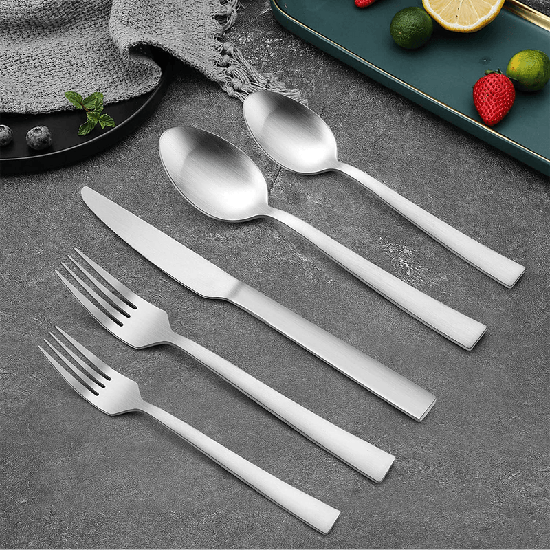 20-Piece Matte Silverware Set, E-far Stainless Steel Flatware Set Service for 4, Metal Cutlery Eating Utensils Tableware Includes Forks/Spoons/Knives, Square Edge & Dishwasher Safe