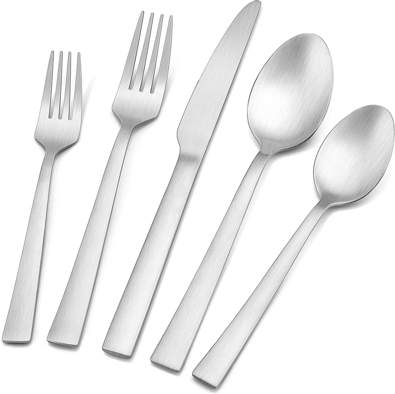 20-Piece Matte Silverware Set, E-far Stainless Steel Flatware Set Service for 4, Metal Cutlery Eating Utensils Tableware Includes Forks/Spoons/Knives, Square Edge & Dishwasher Safe Home & Garden > Kitchen & Dining > Tableware > Flatware > Flatware Sets E-far Silver 40 