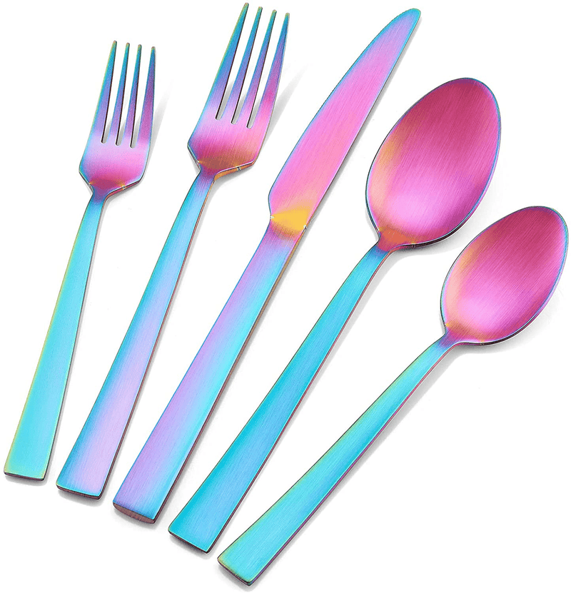 20-Piece Matte Silverware Set, E-far Stainless Steel Flatware Set Service for 4, Metal Cutlery Eating Utensils Tableware Includes Forks/Spoons/Knives, Square Edge & Dishwasher Safe Home & Garden > Kitchen & Dining > Tableware > Flatware > Flatware Sets E-far Rainbow 20 
