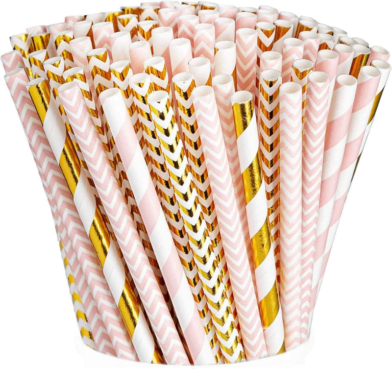 [200 Pack] Pink & Gold Paper Drinking Straws 100% Biodegradable Multi-Pattern Party Straws for Birthday, Wedding, Bridal, Baby Shower, and Holiday Decoration Home & Garden > Decor > Seasonal & Holiday Decorations Comfy Package 200 Count  