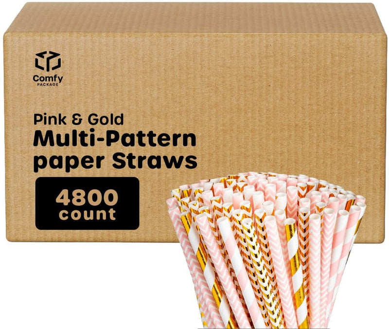 [200 Pack] Pink & Gold Paper Drinking Straws 100% Biodegradable Multi-Pattern Party Straws for Birthday, Wedding, Bridal, Baby Shower, and Holiday Decoration Home & Garden > Decor > Seasonal & Holiday Decorations Comfy Package 4800 Count  